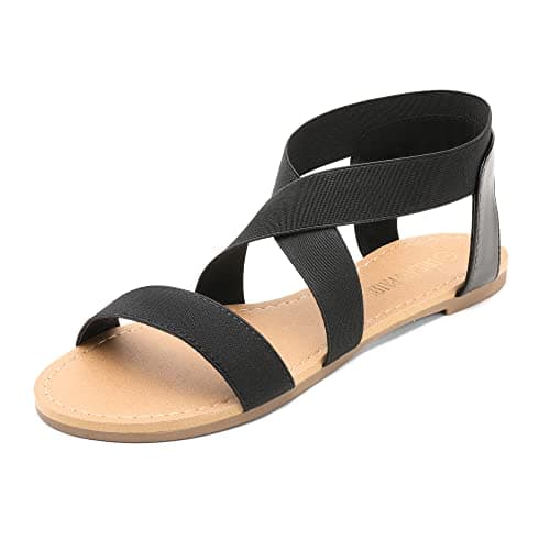 Image of DREAM PAIRS Women's Elastic Ankle Strap Flat Sandals Summer Dressy Shoes Cute Strappy Gladiator Sandals ELATICA-6,Size 7,Black,ELATICA-6