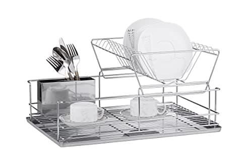 Image of FurnitureXtra Stainless Steel Dish Drainer with Drip Tray and Cutlery Holder (2 Tier Steel)