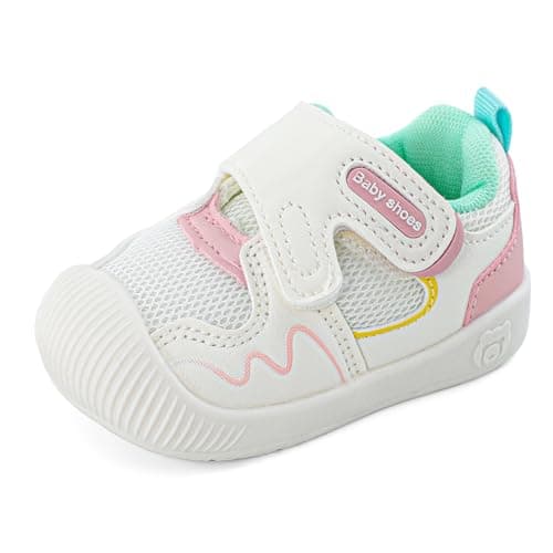 Image of LACOFIA Baby Girls Shoes First Walkers Toddler Sneakers Infant Breathable Anti-Slip Trainers Shoes White/Pink 5