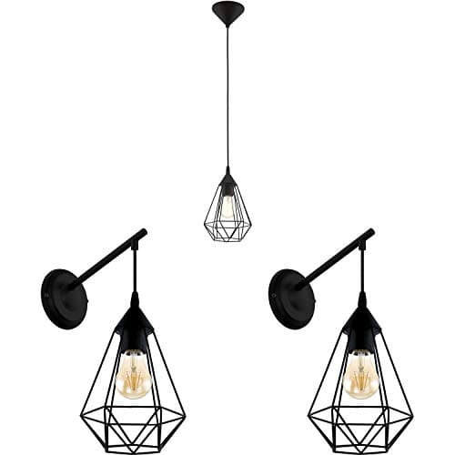 Image of Ceiling Pendant Light & 2X Matching Wall Lights - Black Geometric Wire Cage Lamp - Hanging Drop Adjustable Height Lamp Living Room Set Kit