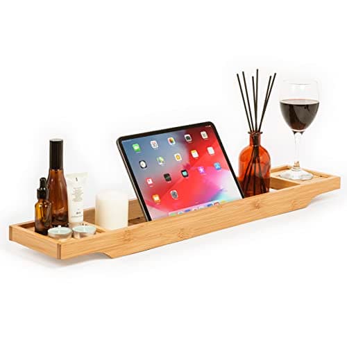 Image of woodluv Slimline Bamboo Bathtub Caddy Tray Bridge Wooden Bath Rack Bathroom Accessory Bath Shelf Over Tub Bathroom Board Storage Shelf Tidy Relax Organiser, 70 x 14.5 x 7.5 cm - Natural