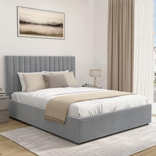 Image of Blisswood Upholstered Ottoman Double Bed Frame 4ft6, Velvet Fabric Bed Frame With Storage, Ottoman Storage Bed With Gas Lift End Opening Wooden Slats, (4ft6 Light Grey, No Mattress Included)