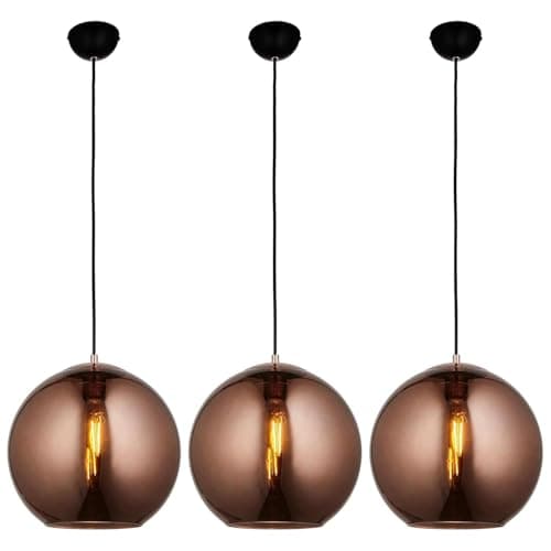 Image of National Lighting Boula Pendant Light 300mm - Copper Mirrored Glass Ceiling Light Sphere with Matt Black Fitting - Adjustable Height Modern Hanging Lamp Fixture - E27 Bulb LED Compatible - 3 Pack