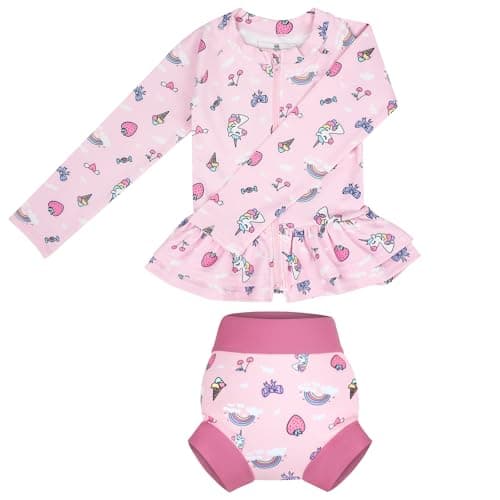 Image of FLYISH DIRECT Baby Girls Swimming Costume, Girls Long Sleeve Swimming Set, Zip Up Swimsuits for Toddler Girls, UPF 50+ Protection Infant Swimwear Rash Guard, Unicorn, S