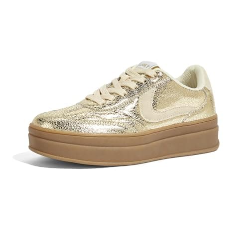 Image of LUCKY STEP Women's Platform Fashion Sneakers Retro Casual Comfortable Walking Shoes Thick Sole Stylish Classic Tennis Trainers (Gold, 9US-40EU-7UK)