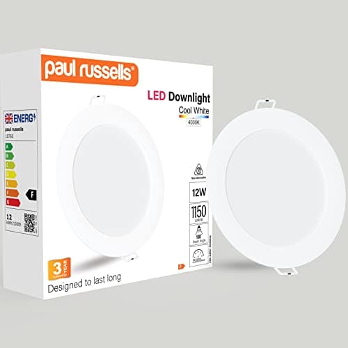 Image of paul russells LED Ceiling Downlights, 12W Slim Recessed Bathroom Downlights, Kitchen Ceilings, 1150 Lumens, 4000K Cool/Natural White, Cutout 120-130mm, Round Non-Dimmable Panel Spotlights, 1 Pack