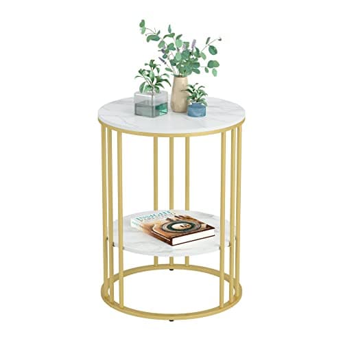Image of Marble Top Side Table Gold: Small Circle End Tables 40 x 54cm Sintered Stone Bedside with Metal Golden Legs Modern White Nightstand 2 Tier Round Sofa Coffee Table for Bedroom Living Room Furniture