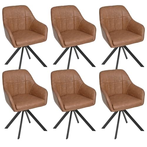 Image of Goeurvant 360° Swivel Dining Chairs Set of 6, Brown PU leather Armchairs, Ergonomic Designed Chairs with Armrests and Metal Legs for Apartment, Dining Room, Kitchen, Study, Vanity, Office