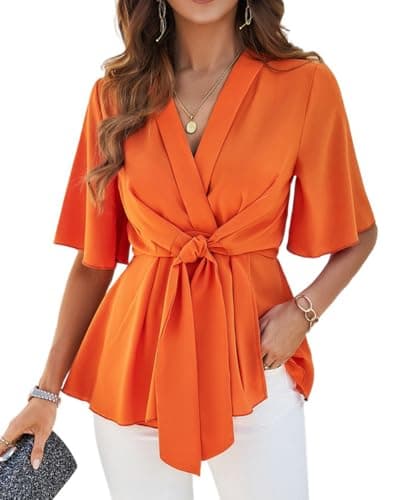 Image of Fronage Tie Front Wrap Tops for Women Elegant Bell Sleeve V Neck Peplum Tops Summer Casual Solid Color Flowy Top Orange