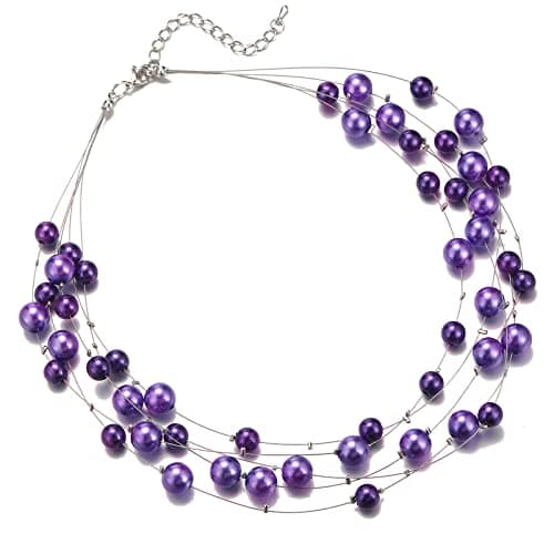 Image of FULU AUTUMN Layered Pearl Necklace Beaded Silver Choker Handmade Boho Statement Costume Necklaces Fashion Jewellery Gifts for Women(Purple)