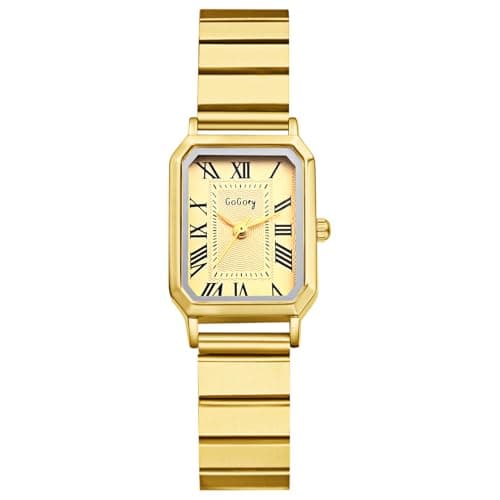 Image of JewelryWe Women's Square Rectangular Watch: Ladies Roman Numerals Analog Quartz Wristwatch Vintage Gold Small Stainless Steel Watches