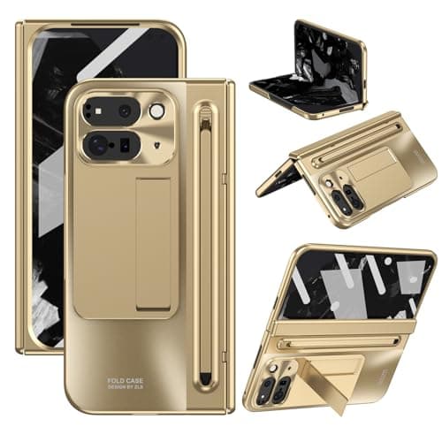 Image of Asuwish Phone Case for Google Pixel 9 Pro Fold 5G 2024 with S Pen Holder and Built-in Screen Protector Cover Stand Kickstand Hinge Protection Rugged Cell PixelFold 2 9Pro Fold2 G5 Women Men Gold