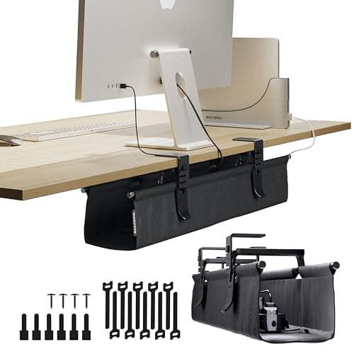 Image of Ascrono Original No Drill Under Desk Cable Management Tray 27.3" - Premium Black Fabric Cable Management Under Desk - Clamp/Screw Mount Cord Organizer - Supports Upto 66lbs