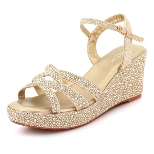 Image of AARZ LONDON Womens Sparkly Diamante Wedge Sandals Rhinestone Strappy Platform Heels Ankle Strap Comfortable Evening Wedding Party Ladies Gold Shoes Size 8 UK 41 EU