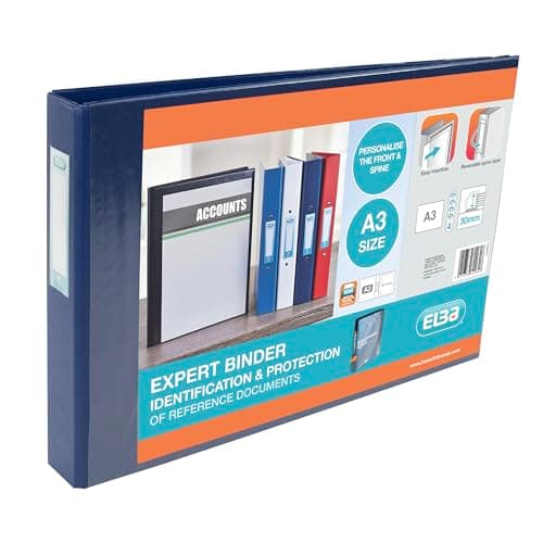 Image of Elba A3 4 D-Ring Binder, PVC-Covered Presentation Folder with Customisable Cover, 55 mm Spine, 30 mm Capacity, Landscape, Blue, Single
