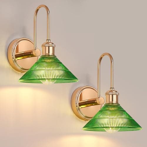 Image of Vikdio Wall Sconce Set of 2, Gold Vintage Light Fixtures with Round Green Glass Lampshade, Hardwired Sconces Wall Lighting for Bedroom, Bathroom, Living Room | Includes 2 LED Bulbs