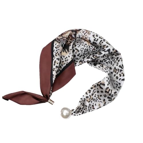 Image of DDNFO Elegant Pearl Chain Necklace Scarf with Magnetic Clasp Solid Color Satin Scarf,Skinny Silk Neckerchief(P13), Brown Leopard, 17.72 inches * 5.12 inches