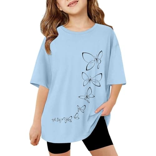 Image of Kids Short Sleeve Butterfly T Shirts Girls Age 3-13 Years Round Neck Summer Tshirts Teenage Girls Fashion Graphic Cute Cartoon Casual Jogging Athletic School Blouse Tops (Light Blue, 12-13 Years)
