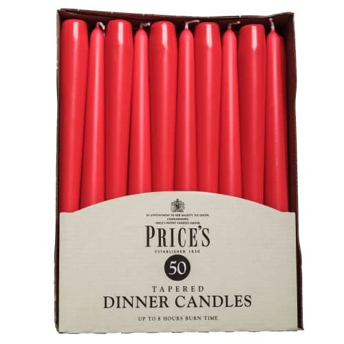Image of Price's Candles Tapered Dinner Candles Red Unscented Wax Pack of 50 | 7 Hour Burn Time Elegant Long Candles for Home Decor, Events, Celebrations & Dining