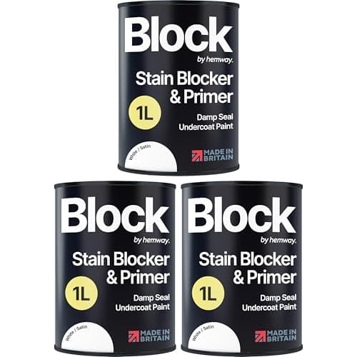 Image of Hemway Stain Blocker Paint & Primer, Satin White 1L, Damp Seal Paint, Wood Primer, for Bathroom, Kitchen, Bedroom Walls & Ceilings, Damp Proof Undercoat Stain Block - 3 Pack