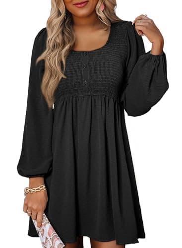 Image of Dokotoo Women's Long Sleeve Dresses Spring Fashion Elegant U Neck Bust Gathering High Waist Ladies Dress Lantern Sleeves Solid Color Casual A Line Knee-Long Summer Womens Minidress Black L