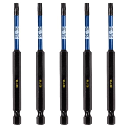Image of 5 x Rennie Tools 100mm Long T15 TX15 Impact Screwdriver Driver Bits Set. Heavy Duty Magnetic Torx Screwdriver Bit Set. Black Oxide Coated Torx Impact Driver Bits. Torx Bit Set.