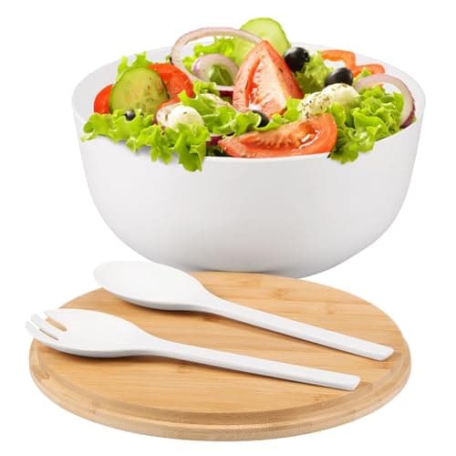 Image of LuLobtg Salad Bowl Bamboo Mixing Bowls with Grooved Lid, 25cm Wooden Food Serving Container with Spoon and Fork for Fruits Pasta Snacks(White)