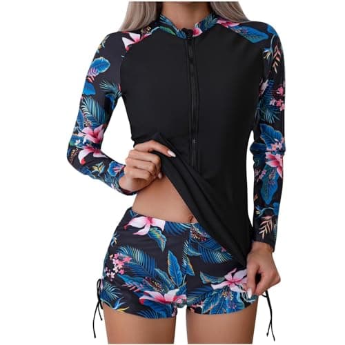 Image of Womens Rash Vest Long Sleeve UV UPF 50+ Bathing Suit Womens Swim Shorts and Top Set 2 Piece Swimsuits Rash Guard for Surfing Beachwear Quick Dry Swimming Costume Set Sports Modest Swimwear