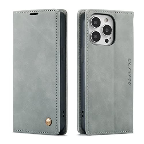Image of QLTYPRI Case for iPhone 15 Pro Max 6.7 inch, Vintage PU Leather Wallet Case Card Slot Kickstand Magnetic Closure Shockproof Flip Folio Book Case Cover for iPhone 15 Pro Max - Grey