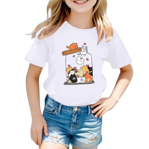Image of Short Sleeve T Shirts Kids Girls Round Neck Cat Graphic Girls Tshirts Teenage Summer Comfy Cute Cartoon Casual Athletic Loose School Blouse Tops 3-12 Years (White, 9-10 Years)