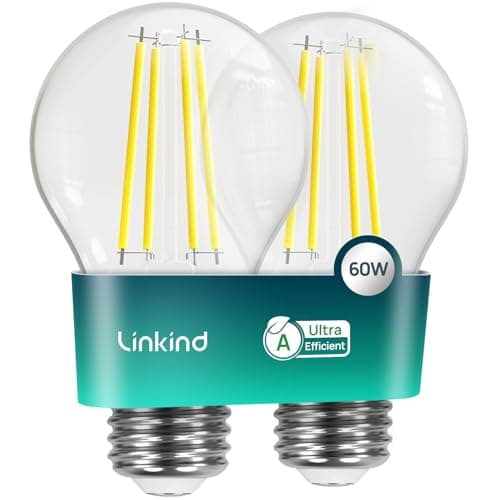 Image of Linkind E27 LED Bulb, Energy Class A 3.8W=60W Equivalent, 2700K Warm White 806lm, Edison Screw in Light Bulb, Clear Glass Vintage Filament LED Bulb, 50000H Lifespan, 2-Pack