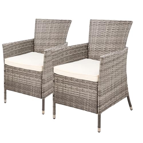 Image of Warmiehomy Rattan Garden Chairs Set of 2 Outdoor Dining Chair Wicker Armchairs with Padded Seat Cushions High Backrest Patio Chair, Grey