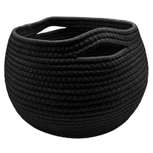 Image of Round Cotton Woven Basket,Handmade Small Wicker Storage Basket for Living Room, Toys, Towel, Bedroom, Corner Decoration, Plant Baskets Indoor, Sundries, 25.5x21cm (Black)