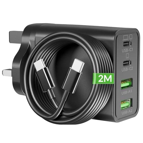 Image of 65W 4-Port USB C Charger, GaN PD/PPS Super Fast Charging Multi Wall Plug UK Laptop Charger + 60W 2M Type C Cable for MacBook Pro/Air, iPad, iPhone 17e/17/16, Samsung S26 S25 S24, Chromebook Dell HP
