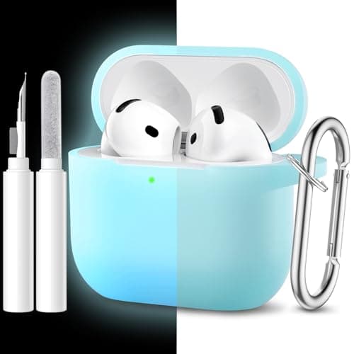 Image of Maledan Case Compatible with AirPods 4, Soft Silicone Full Body Protective Shockproof Case for Apple AirPods 4th Generation with Cleaner Kit & Carabiner [LED Visible], Luminous Blue