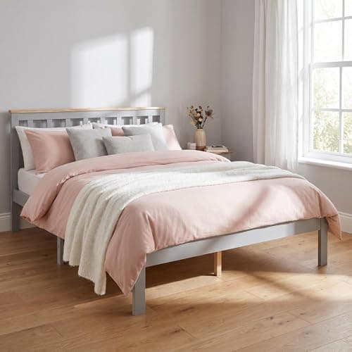 Image of Panana Double Bed Frame 4ft6, Solid Pine Wood Bed with Headboard, No Box Spring Needed, 135x190cm Bedstead for Bedroom, Guest Room (Grey/Natural)