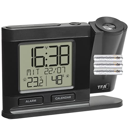 Image of TFA Dostmann 60.5017.01 Radio-Controlled Projection Alarm Clock with Power Supply Including Thermo-Hygrometer Dimmable Bedroom Clock Black (L) 149 x (W) 38 x (H) 104 mm Black with Batteries