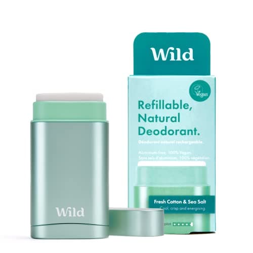 Image of Wild - Natural Refillable Deodorant - Vegan & Eco-Friendly - Aluminium Free - Long Lasting Protection - Natural Ingredients - Starter Kit - Aqua Case, Fresh Cotton & Sea Salt Refill - 40g