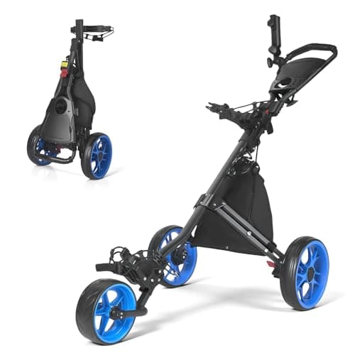 Image of JoyCushy 3 Wheel Folding Golf Trolley | Complete All-Accessory Kit incl. Insulated Cooler Bag, Scorecard Holder & More | Built-in Foot Brake & Adjustable Handle for Stable Course Performance (Blue)