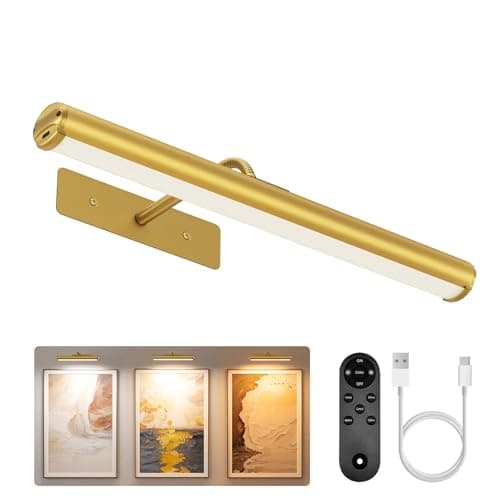 Image of EZVALO Picture Lights for Wall, 13'' Wireless 4000mAh Rechargeable Battery Operated Painting Light with Remote, 3 Color Temperatures Art Light for Gallery, Living Room, Hallway (Gold, 13in)