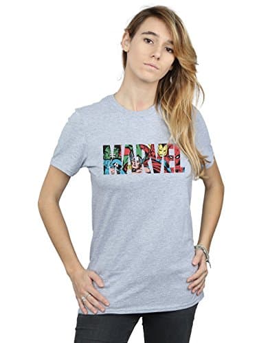 Image of Marvel Comics Women's Logo Character Infill Boyfriend Fit T-Shirt Sport Grey Small