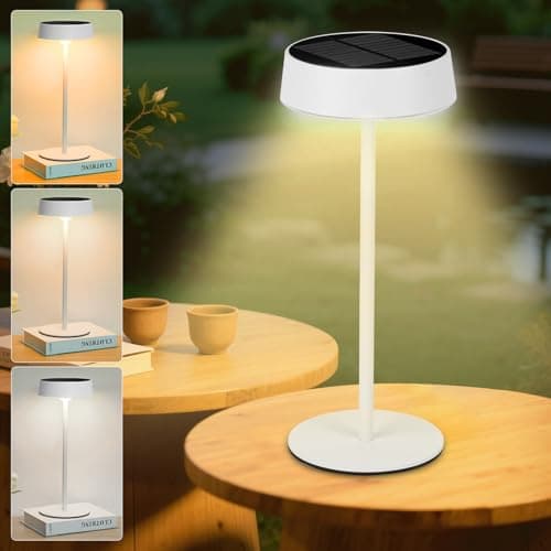 Image of HOTUT LED Solar Table Lamp, Indoor & Outdoor Table Lamp, IP65 Waterproof, Dimmable & 3 Color Temps, USB Rechargeable Cordless Desk Light for Patio, Garden, Camping, Bedroom, Living Room