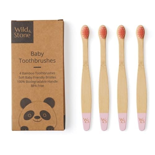 Image of Wild & Stone Organic Baby Bamboo Toothbrush | 4 Pack | Soft Fibre Bristles | 100% Biodegradable Handle | BPA Free | Vegan Eco Friendly Baby Toothbrushes (Baby Pink)