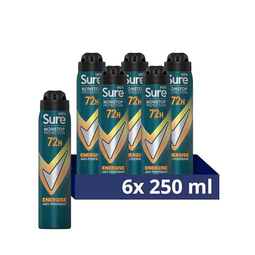 Image of Sure Men Nonstop Protection Energise Deodorant Body Spray Antiperspirant with body heat activated technology for 72 hour protection against odour and sweat 250 ml, Pack of 6