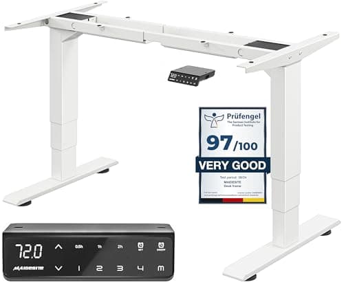 Image of MAIDeSITe Height Adjustable Electric Standing Desk Frame Dual Motor Heavy Duty Steel Stand up Desk with Automatic Memory Smart Keyboard (3 Stage|Dual Motor, White) T2 Pro Plus