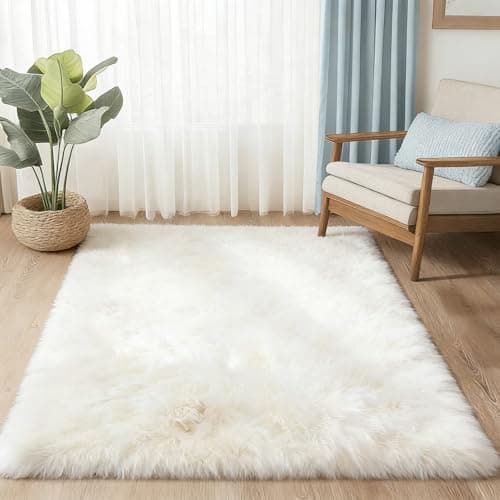 Image of ELLECILA Fluffy Rugs, Faux Sheepskin Area Rug, White Faux Fur Rug, Washable Non Slip Soft Shaggy Rugs, High Pile Rug Rectangular Fluffy Carpet, Bedside Rugs for Bedroom, Living Room (White, 80x150CM)