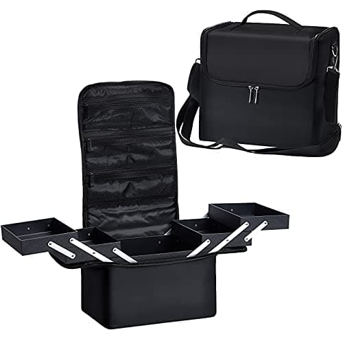 Image of Joligrace Make Up Bag Vanity Case Makeup case Makeup Organiser Bag Cosmetic Case Make up Box Nail Polish Organiser with 4 Trays & Shoulder Strap, Black