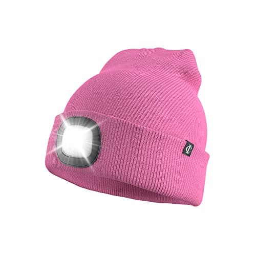 Image of Idyllicomfort Led Lighted Beanie Hat,USB Rechargeable Hands Free Headlamp Cap, Unisex Winter Warmer Knit Hat with Light for Hiking Biking Camping Jogging, Gift for Men, Women, Teens Pink