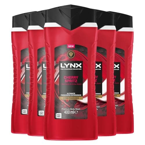 Image of Lynx Fine Fragrance Collection Body Wash for Men Cherry Spritz, Pack of 5, Premium Shower Gel Infused with Essential Oils That Gives You 12 Hours of Freshness, 400 ml