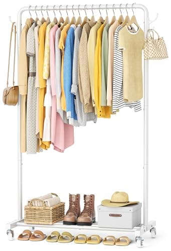 Image of HOMIDEC Clothes Rail, Metal Clothes Rack with 4 Side Hooks, Bottom Storage Shelf and Wheels, Heavy-Duty Clothing Rail Holds Up to 40kg, Clothes Rails for Bedroom, Hallway, Clothing Stores, White